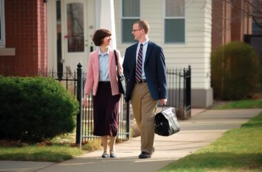 Ein Ehepaar von Zeugen Jehovas spazieren von Haus zu Haus während ihrer Missioniertätigkeit.