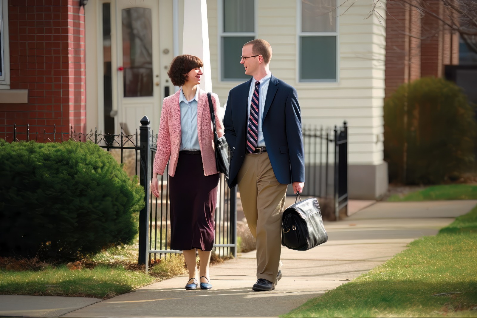 Ein Ehepaar von Zeugen Jehovas spazieren von Haus zu Haus während ihrer Missioniertätigkeit.